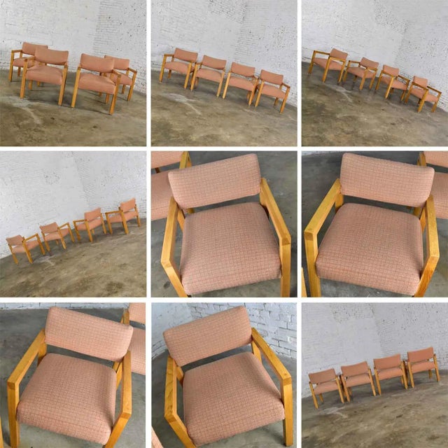 Modern Armchairs Square Frame Oak With Original Blush Textured Fabric, Set of Four For Sale - Image 11 of 13