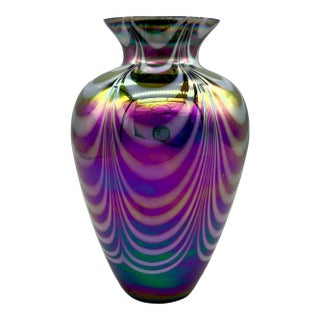 Iridescent Pulled-Feather Art Glass Vase in the Style of Mt. St. Helens — Purple, Teal & Gold — Hollywood Regency, Modernist For Sale