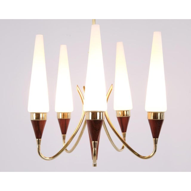 5-Arm Chandelier in Brass and Teak with Opal Glass by Bent Karlby for Lyfa 1960s For Sale - Image 6 of 13