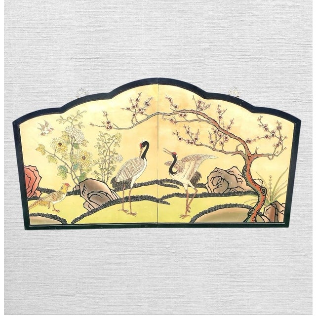 Vintage Massive Arched Chinoiserie Carved Wood Egret Birds Cherry Blossom Wall Hanging screenHeadboard For Sale - Image 11 of 13