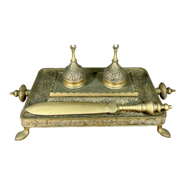 Antique Embossed Brass Double Inkwell For Sale