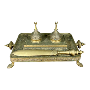 Antique Embossed Brass Double Inkwell