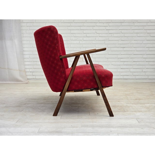 Danish 2-Seater Sofa in Red Fabric with Beech Legs and Armrests, 1960s For Sale - Image 9 of 17