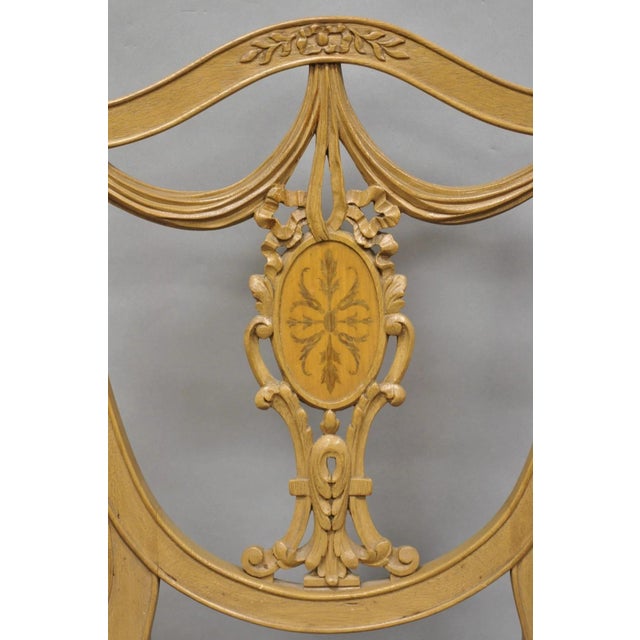 Hepplewhite Late 20th Century Hepplewhite Prince of Wales Drape Carved Shield Back Dining Arm Chairs - A Pair For Sale - Image 3 of 14