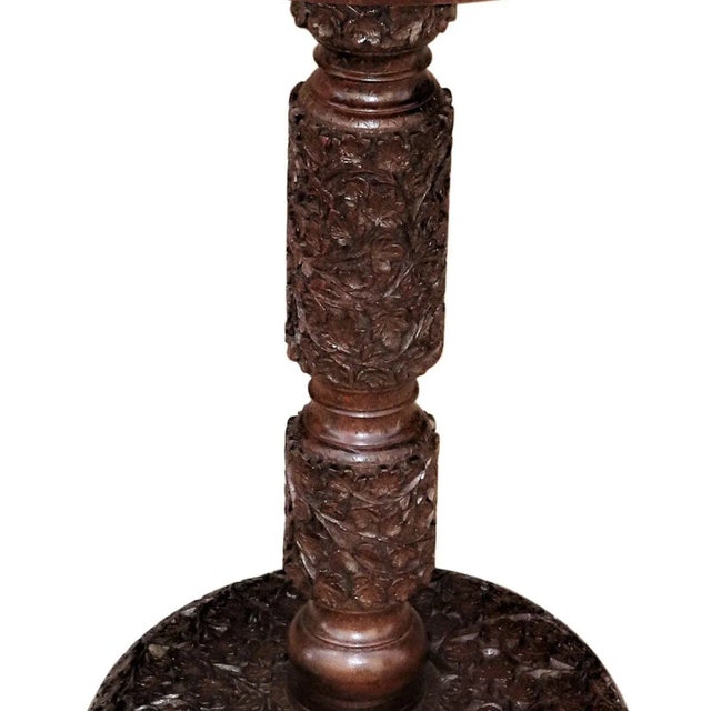 Farmhouse Vintage Round Walnut End Table | Handmade Hand Carved Decorative Side Table | Elegant Accent Pedestal Table | Farmhouse Style Accent Table For Sale - Image 3 of 4