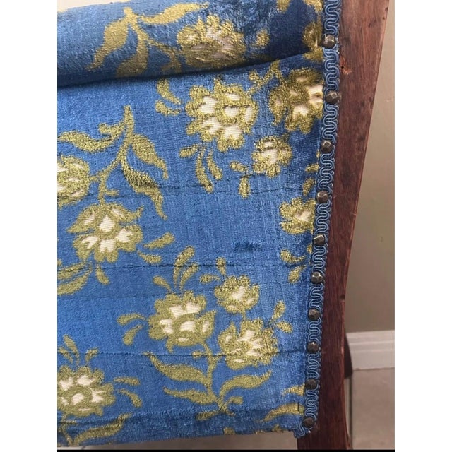 Antique Victorian Eastlake Walnut Armchair With Porcelain Casters & Blue Floral Upholstery For Sale - Image 4 of 10