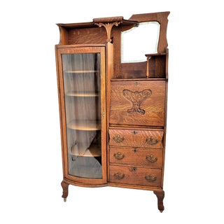 Antique 1900s American Tiger Oak Side by Side Bowed Glass Bookcase or China Cabinet For Sale