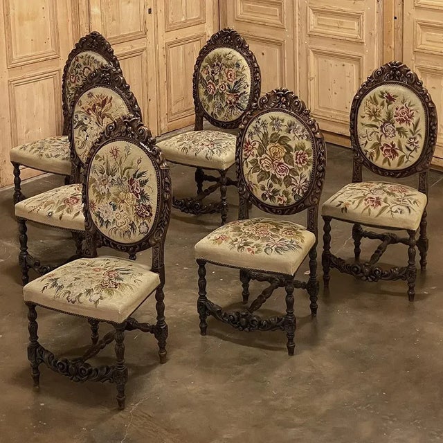 French Set of Six 19th Century French Louis XVI Carved Dining Chairs With Original Needlepoint For Sale - Image 3 of 13