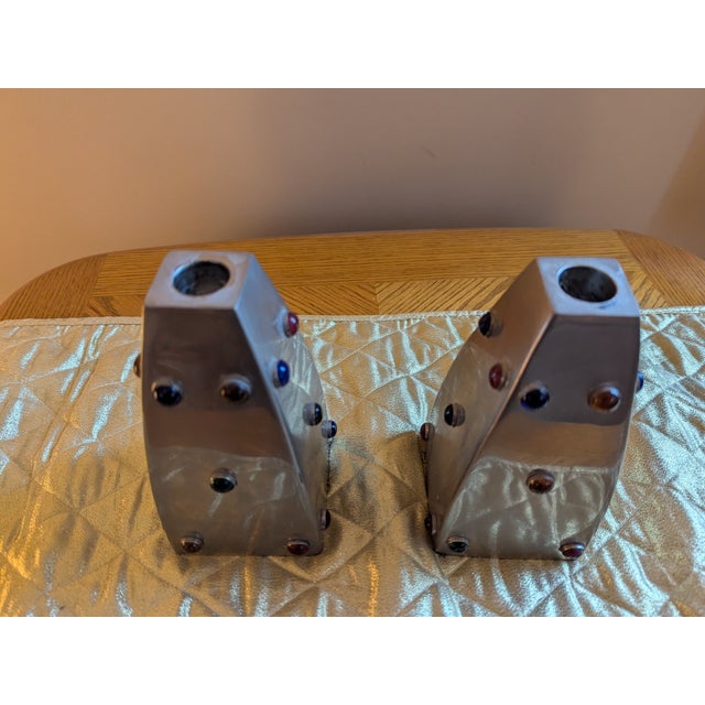 Mid-Century Modern Vintage Metal Candlesticks With 20 Embedded Crystal Stones For Sale - Image 3 of 7