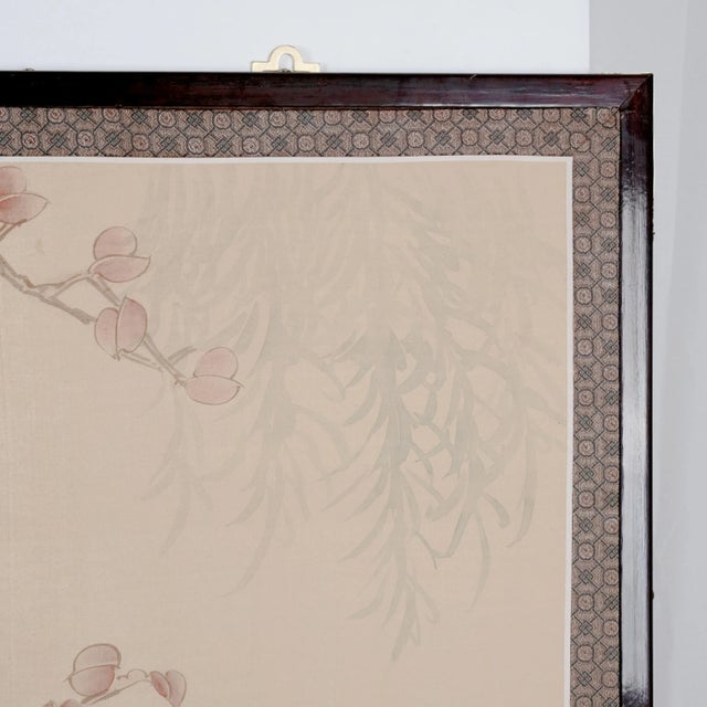 1960s Japanese Byobu "Blue Birds White Flowers" 4-Panel Folding Screen Very Good + For Sale - Image 9 of 12