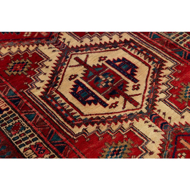 Vintage Hand-Knotted Turkish Wool Runner Rug With Geometric Tribal Medallions in Crimson, Indigo, and Cream For Sale - Image 4 of 9