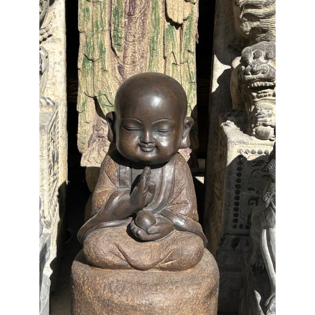 25" Oriental Chinese Zen Young Monk Siting Meditation Stone Statue For Sale - Image 4 of 6