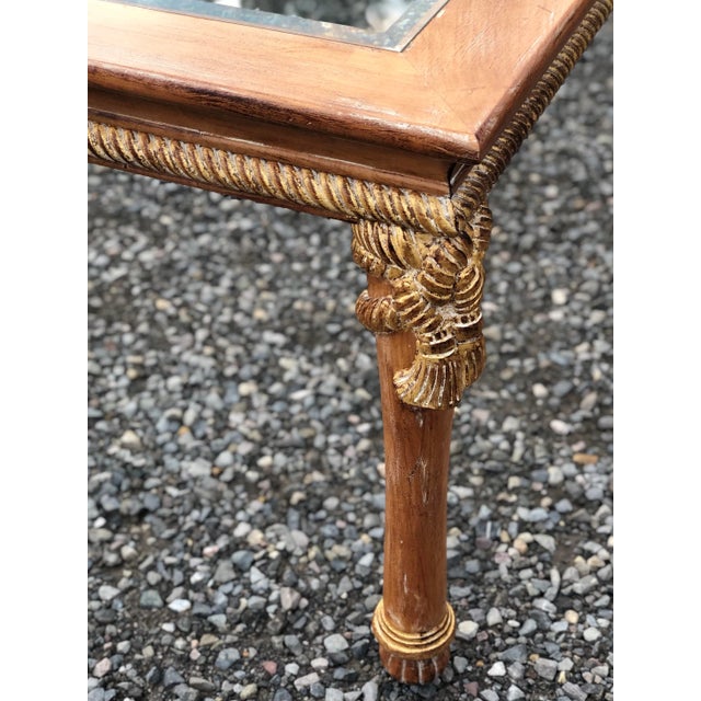Bleached mahogany dining room table. Exceptionally well made with two beveled glass inserts in the top. The apron is...