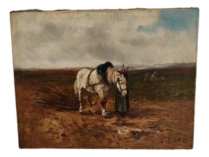Léon Georges Calves, Femme au champ préparant un cheval de trait, Oil on Canvas