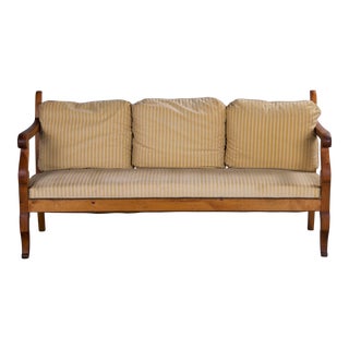 Antique Country French Louis Philippe Style Provincial Walnut Bench W/ Beige Velvet For Sale