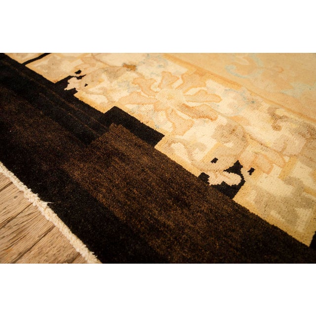 1920s Soft Yellow Field Antique Floral Minimalist Knotted Wool Chinese Peking Rug For Sale - Image 4 of 9