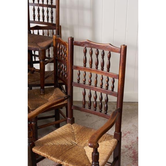 Textile Set of 10 Late 18th Century Oak Lancaster Spindle Rush Seat Chairs (2 Arms, 8 Sides) For Sale - Image 7 of 7