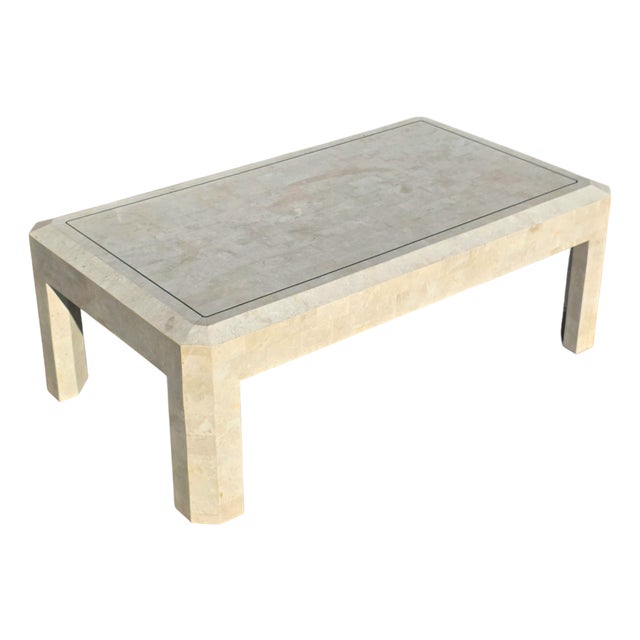 Vintage Post Modern Tessellated Stone Brass Inlay Coffee Table For Sale
