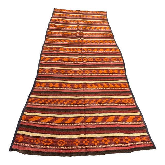 Vintage Distressed Flat Weave Kilim Runner Rug, Earthy Red Orange Geometric Stripes Rug For Sale