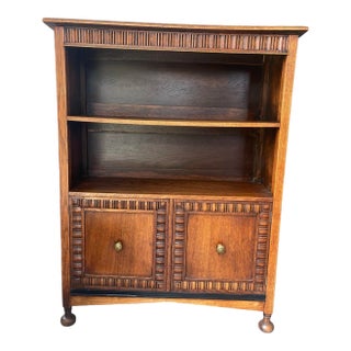 Vintage English Jacobean Revival Oak Bookcase With Reeded Cabinet Doors For Sale