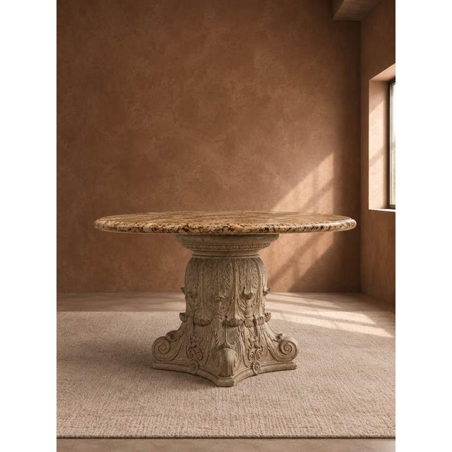 Baroque Late 19th Century European-Style Round Natural Stone Dining Table With Ornate Carved Pedestal For Sale - Image 3 of 7
