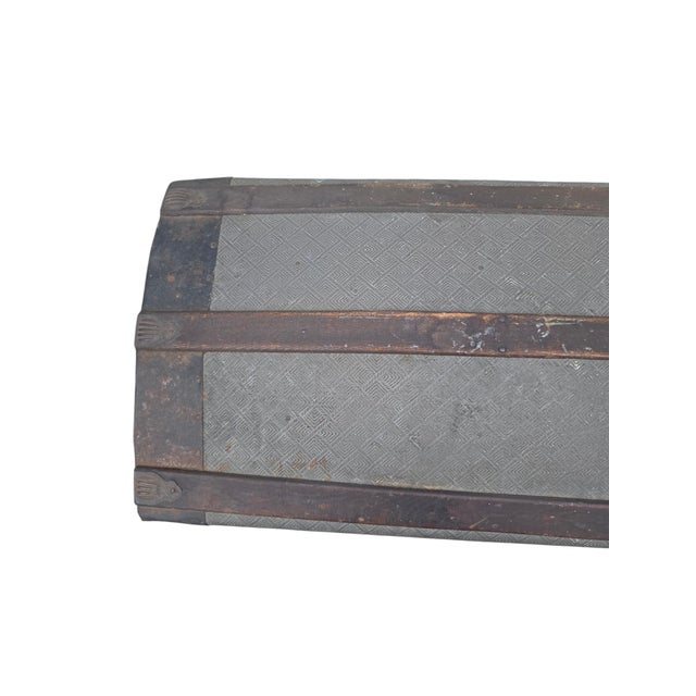 Antique Fitted Embossed Tin Dome Top Humpback Steamer Travel Trunk Chest For Sale - Image 13 of 18