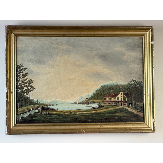 Gold 19th Century American Folk Art Adirondack or New England Resort Hotel Oil Painting For Sale - Image 8 of 8