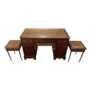 Vintage English Pedestal Desk with Side Tables, Set of 3 For Sale