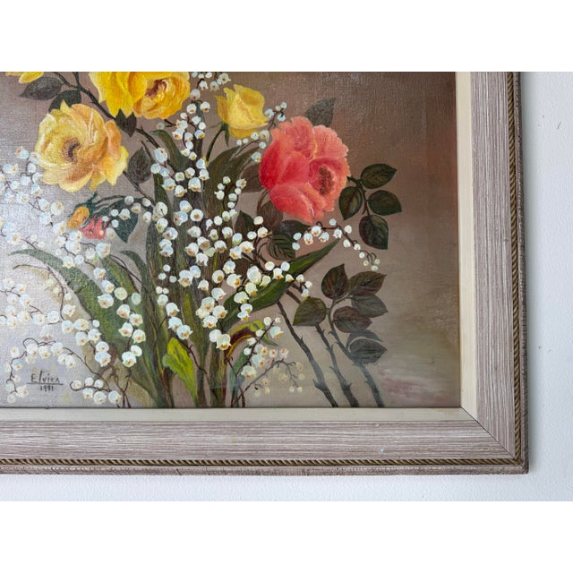 1990's Vintage Elvira Floral Still Life Oil on Canvas Painting – Signed For Sale - Image 9 of 12