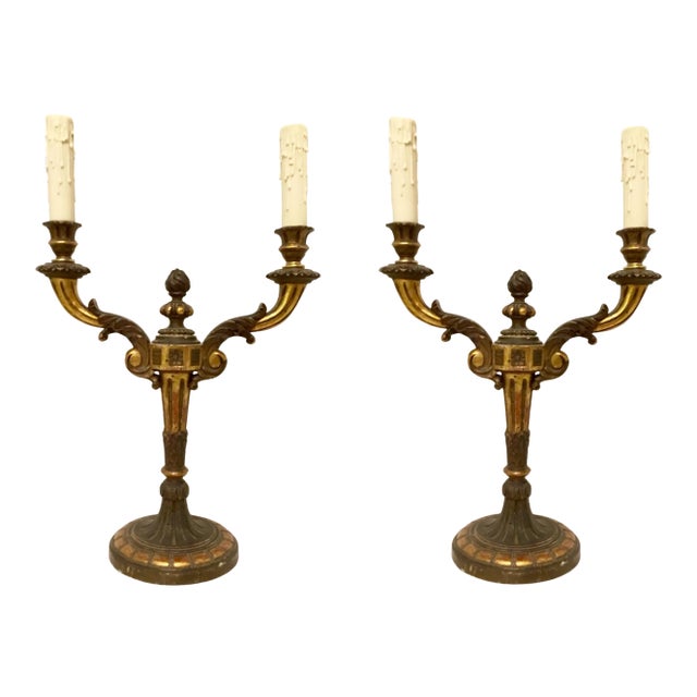 Vintage Italian Two Arm Carved Gold Gilt Candelabra Table Lamps - a Pair For Sale