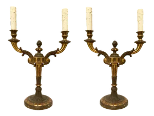 Vintage Italian Two Arm Carved Gold Gilt Candelabra Table Lamps - a Pair