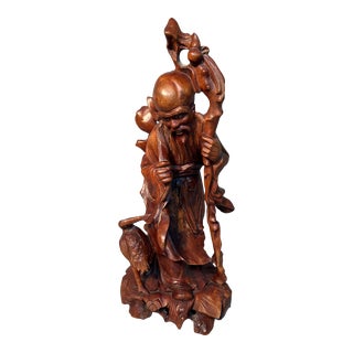 Carved Chinese Sculpture God of Longevity With Crane C1900 Hardwood Glass Eyes & Teeth Gnarled Staff Peach of Immortality 12" Tall For Sale
