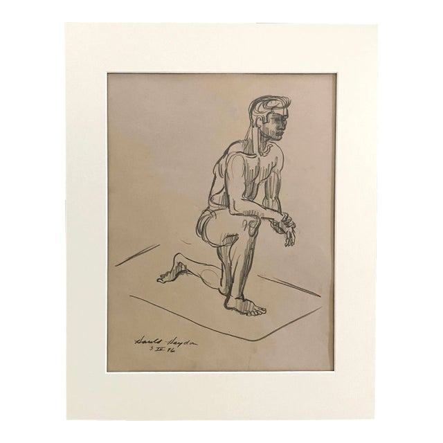 1946 Graphite on Paper, Kneeling Male Nude Figure Study by Artist Harold Haydon For Sale