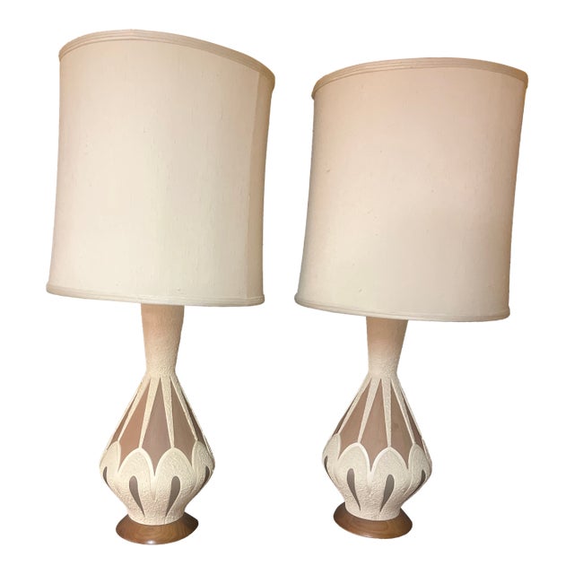 1960s Mid-Century Modern Ceramic Teardrop Cage Lamps on Walnut Bases - a Pair For Sale
