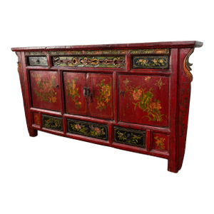 Mongolian Red Lacquered Buffet With Hand Painted Floral Décor
