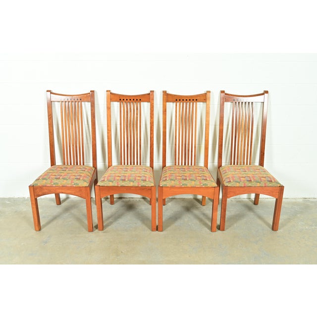 Mission Stickley Arts & Crafts Cherry Wood High Back Spindle Dining Chairs, Set of Four For Sale - Image 3 of 13