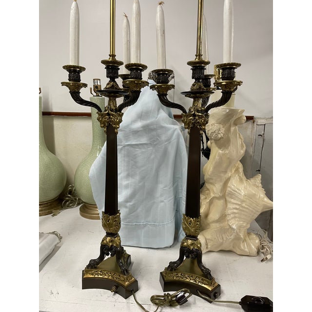 Pair of French Empire Revival Candelabra Lamps Bronze For Sale - Image 17 of 17