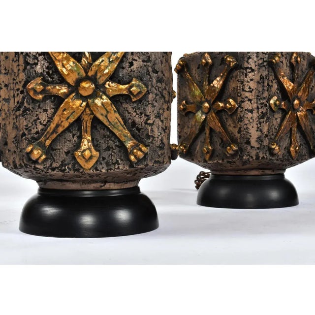 Metal 1970s Large Mid Century Bronze Color Brown Gold and Black Brutalist Lamps - a Pair For Sale - Image 7 of 9