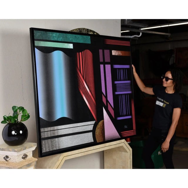Art Deco 1980s Large Black and Jewel-Tone Art Deco Geometric Memphis Style Painting Signed Pak For Sale - Image 3 of 11