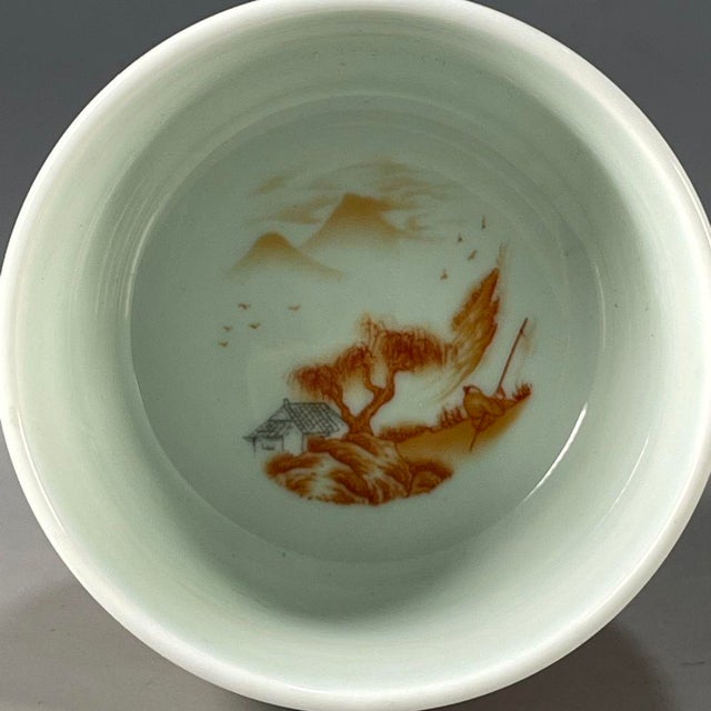 Vintage Blue & White Underglaze Red Porcelain Teacup – Landscape Scene, Qianlong Mark For Sale In Los Angeles - Image 6 of 9