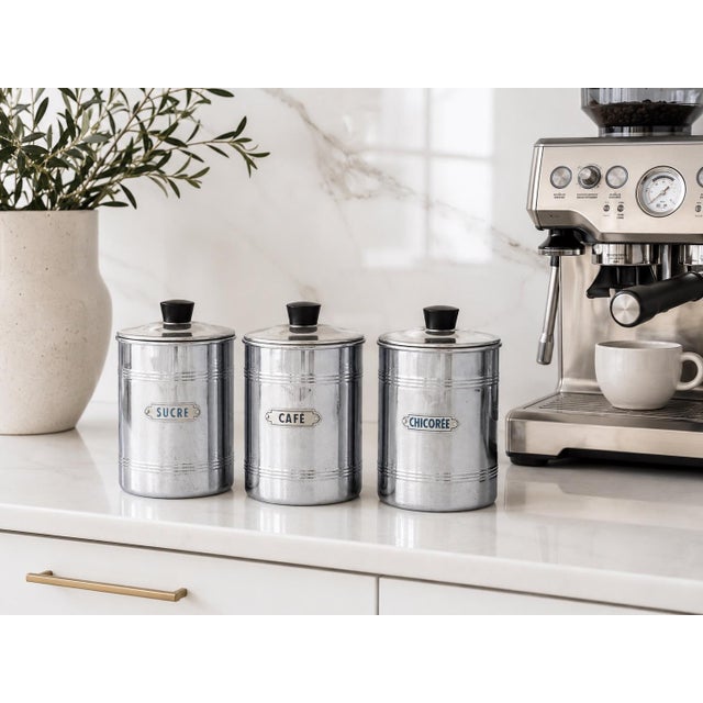 Set of three French chrome canisters labeled Sucre, Café, and Chicorée with black knobs. A classic midcentury kitchen set,...