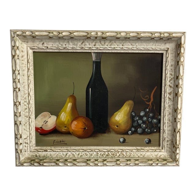Vintage Still Life Oil Painting by Fiorini – Fruit, Wine Bottle & Grapes For Sale