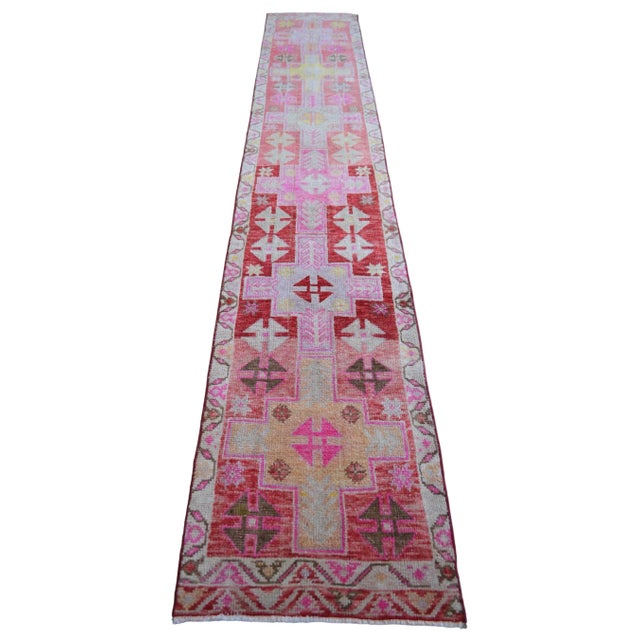 Textile Vibrant Turkish Runner 2x12 Long Narrow Rug Vintage Pink Hallway Oriental Carpet For Sale - Image 7 of 15