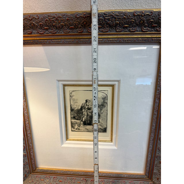 Rembrandt Van Rijn Etching of Abraham and Isaac by the Dutch Master, Created in 1645. Framed Print Gold Frame a Deep Dimensional Linen. Mat For Sale - Image 11 of 12