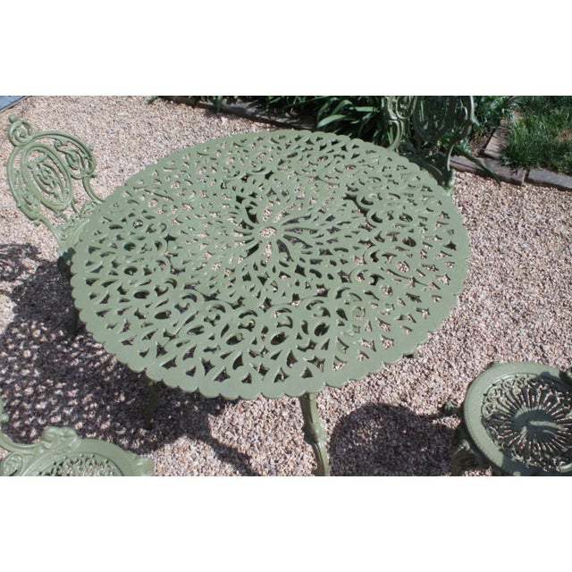 Set of Green Painted Metal Outdoor Garden Furniture: Antique Cameo Pattern, Six Pieces For Sale - Image 15 of 17