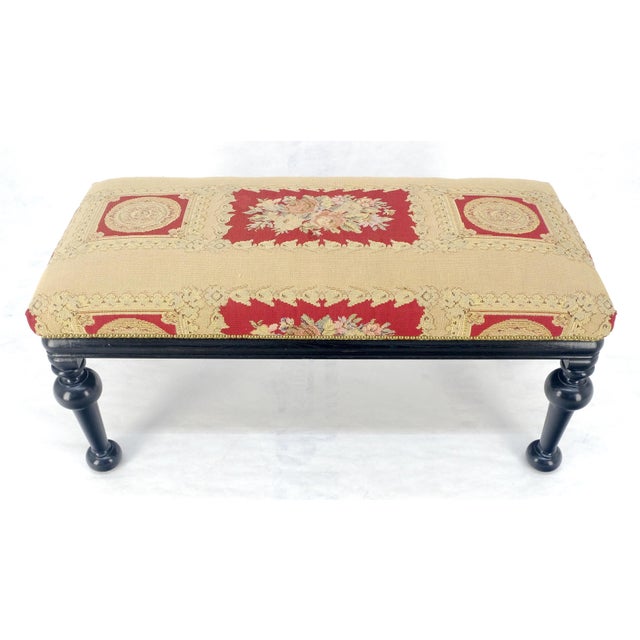 Tapestry Upholstery Massive Turned Black Lacquer Legs Window Bench MINT