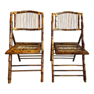 Late 20th Century Hollywood Regency Chinoiserie Style Scorched or Tortoiseshell Bamboo Folding Chairs - a Pair For Sale