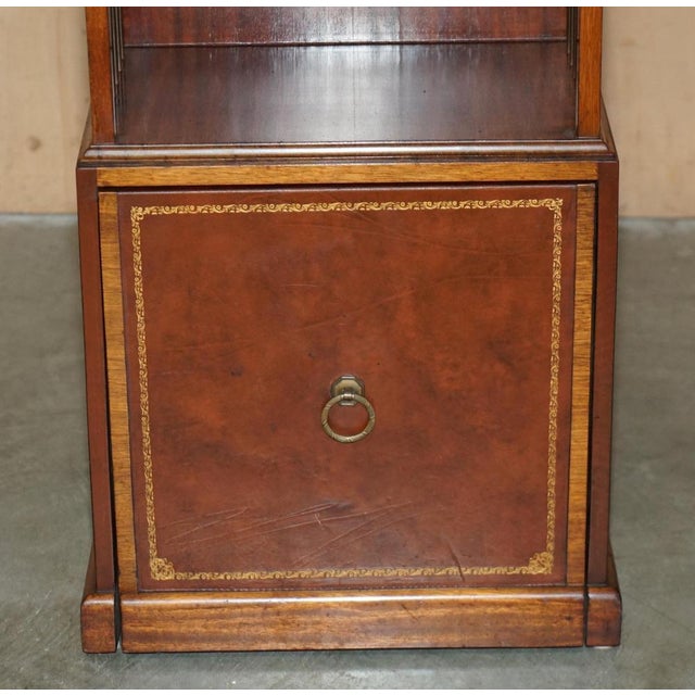 Flamed Hardwood & Brown Leather Sliding Book Tables, Set of 2 For Sale - Image 4 of 18