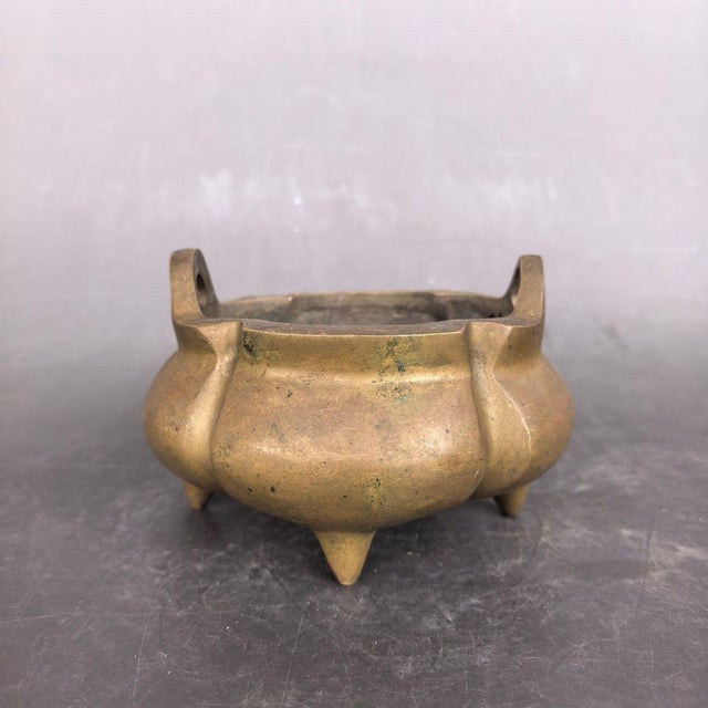Vintage Solid Brass Incense Burner, Yuanbao Ears & Tripod Feet, Melon Shaped Chinoiserie Censer for Altar and Table Decor For Sale - Image 4 of 9
