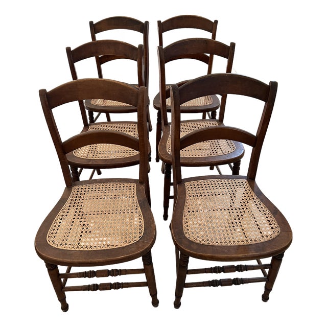 Antique Cane-Seat Dining Side Chairs - Set of 6 For Sale